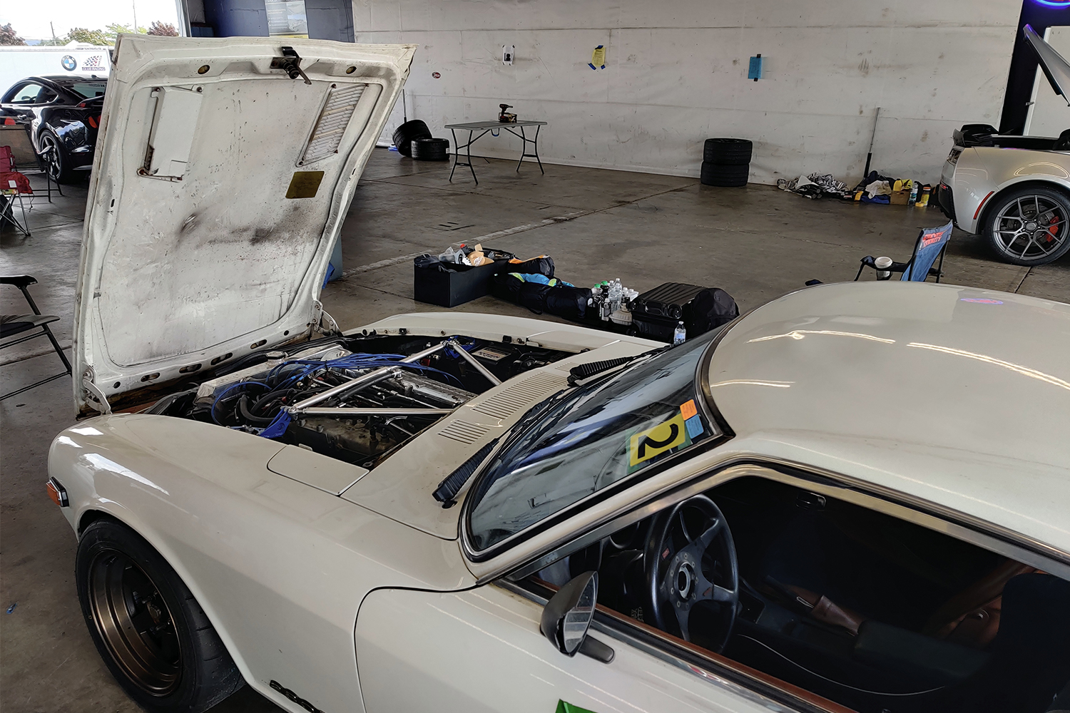 Working on my 1978 Datsun 280Z race car in the garage at Watkins Glen International racetrack