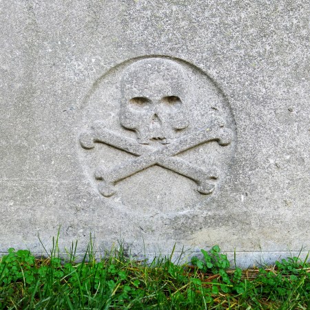 A skull and crossbones on a grave.