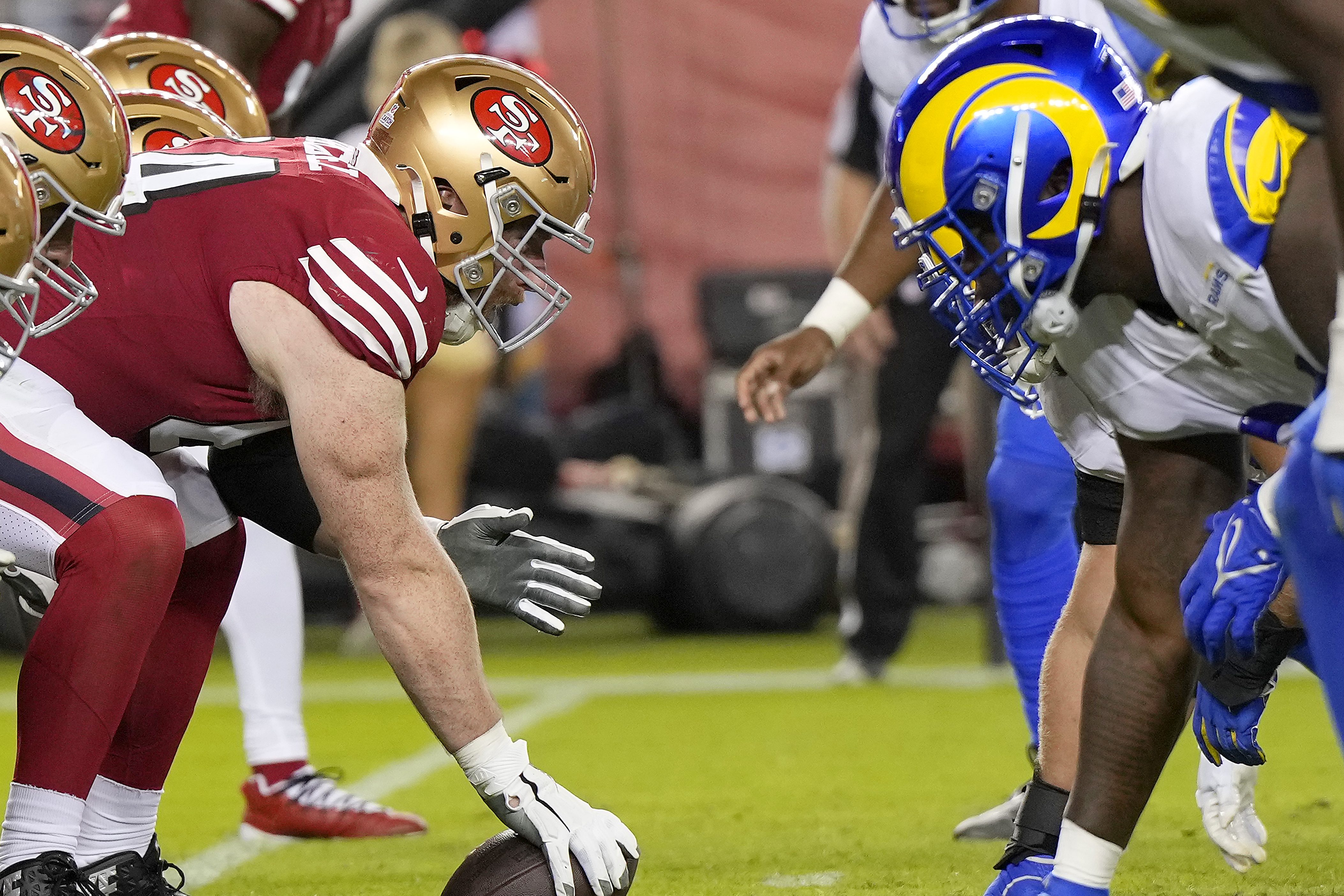 The San Francisco offense lines up against the Los Angeles defense at Levi's Stadium.