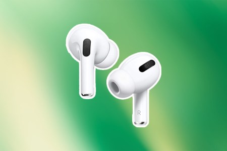 The apple Airpods pro 2 on a green and yellow background.