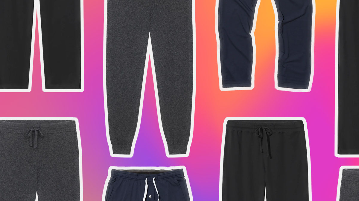 a collage of lounge pants on a mulit-colored background