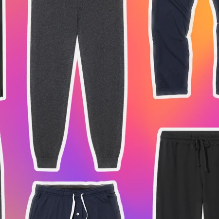 a collage of lounge pants on a mulit-colored background