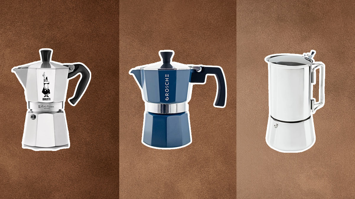 Three coffee stovetop makers on a brown and beige background