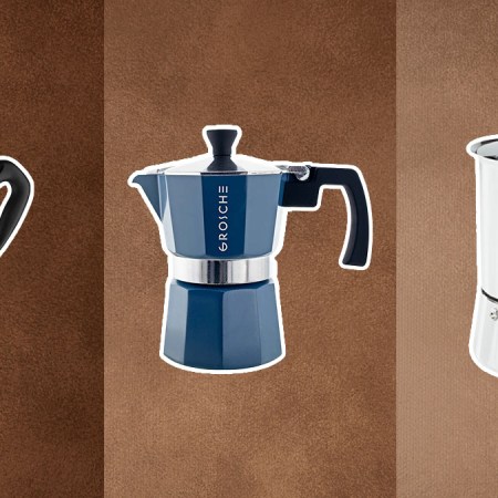 Three coffee stovetop makers on a brown and beige background