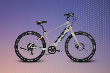 The Aventon Pace 350 on a gradient purple background