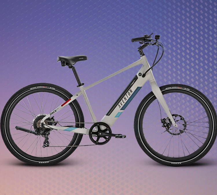 The Aventon Pace 350 on a gradient purple background