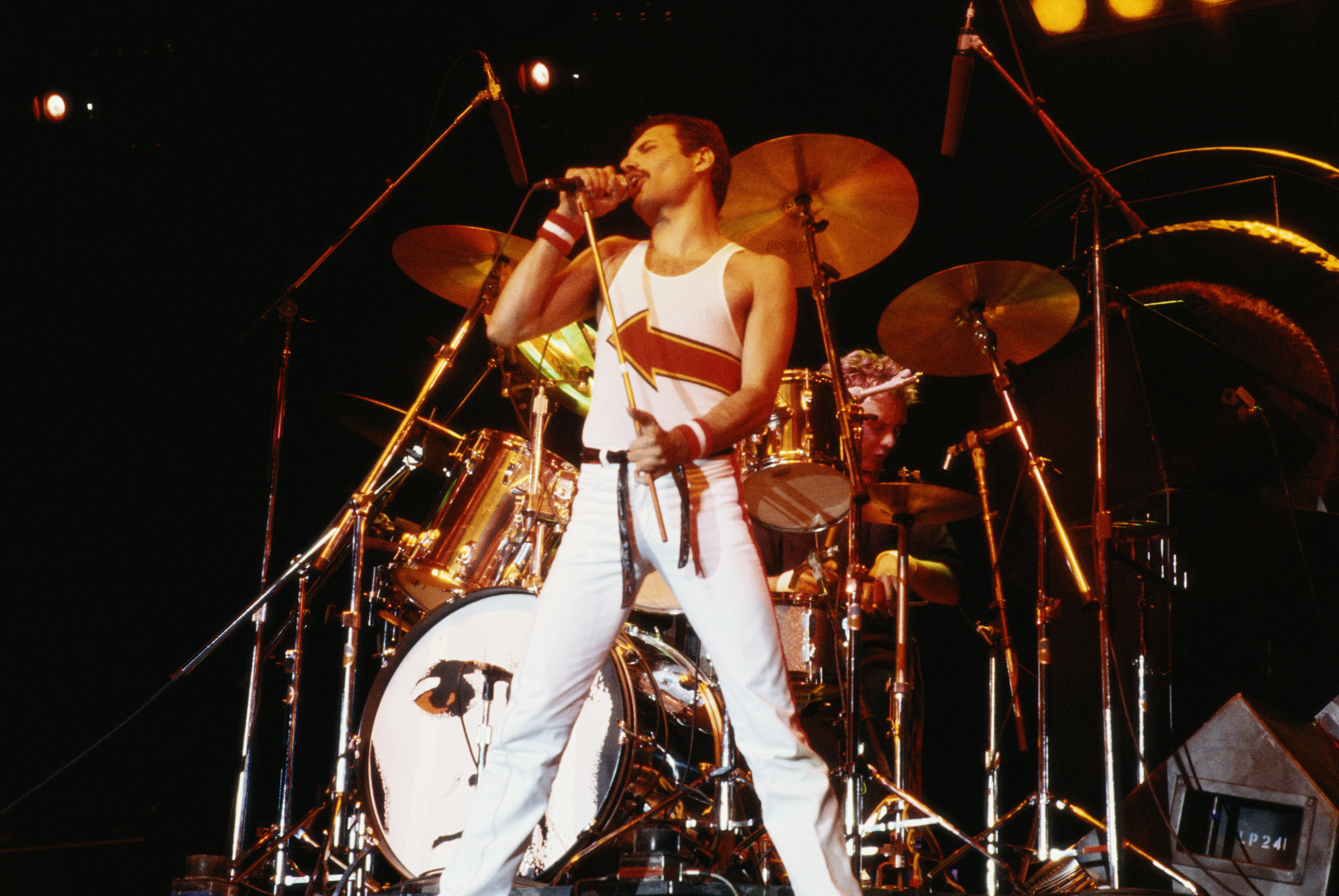 Freddie Mercury performs at the National Bowl in Milton Keynes, England in 1982.