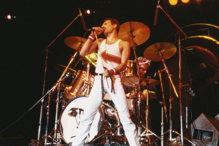 Freddie Mercury performs at the National Bowl in Milton Keynes, England in 1982.