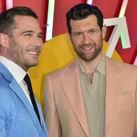 Luke Macfarlane and Billy Eichner attend the Los Angeles premiere of "Bros" on September 28, 2022.