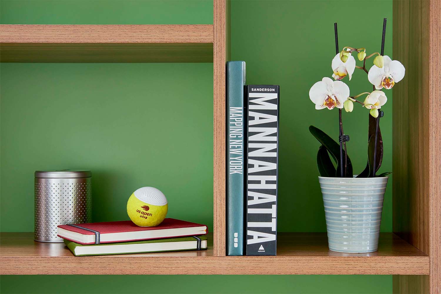 a HearO Bluetooth Speaker on a shelf against a green wall