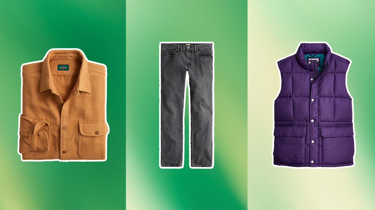 Three J.Crew menswear items on a green gradient background