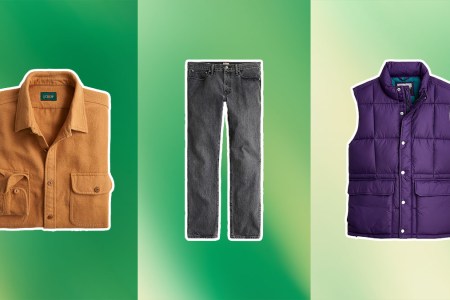 Three J.Crew menswear items on a green gradient background