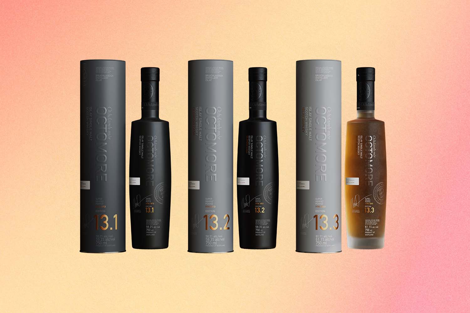 The three new Octomore single malt releases, now on their 13th edition