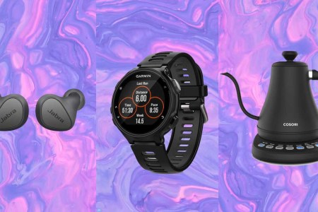 Earbuds, Garmin watch and electric kettle, deals you can still shop on Amazon, on a purple background