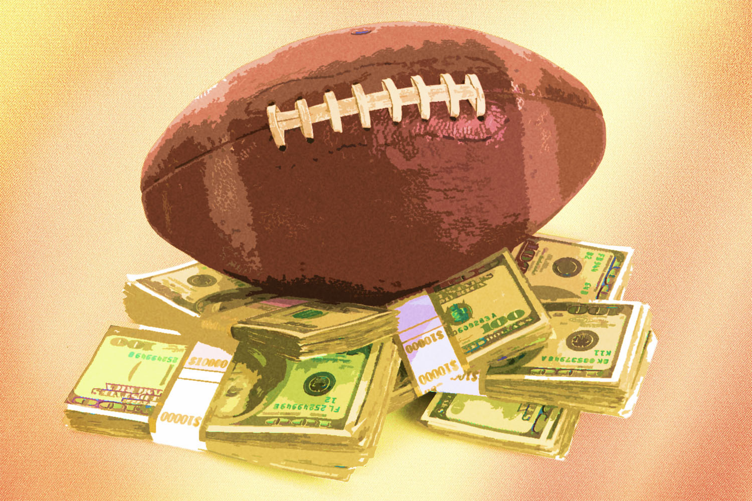 A football on stacks of money you could win in sports gambling