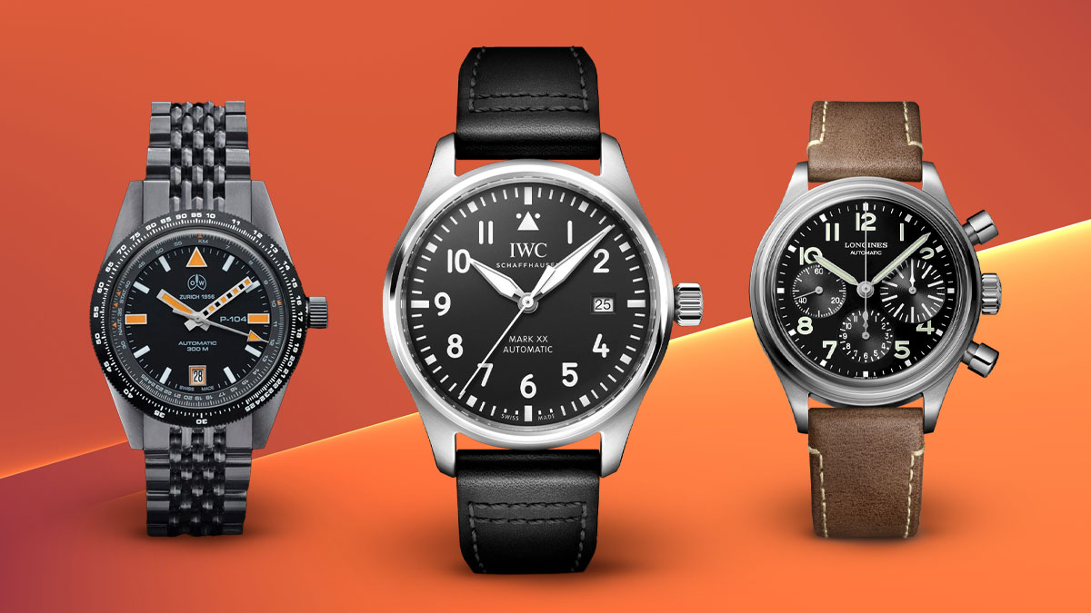 Three of the best pilot's watches on an orange background