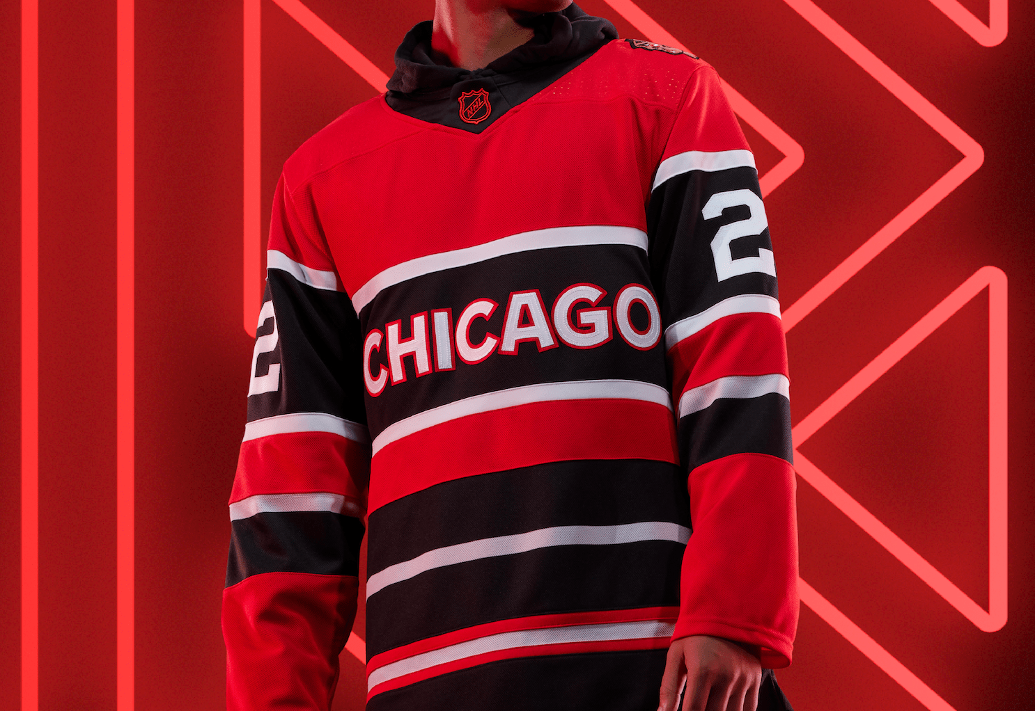 True to the franchise’s long history, Chicago’s jersey is inspired by one of the oldest legacy uniforms in this year’s group: their 1938 “barbershop pole” jersey. This one really embodies the concept of “Reverse Retro,” as we reversed the Black and Red color positions from the classic edition.