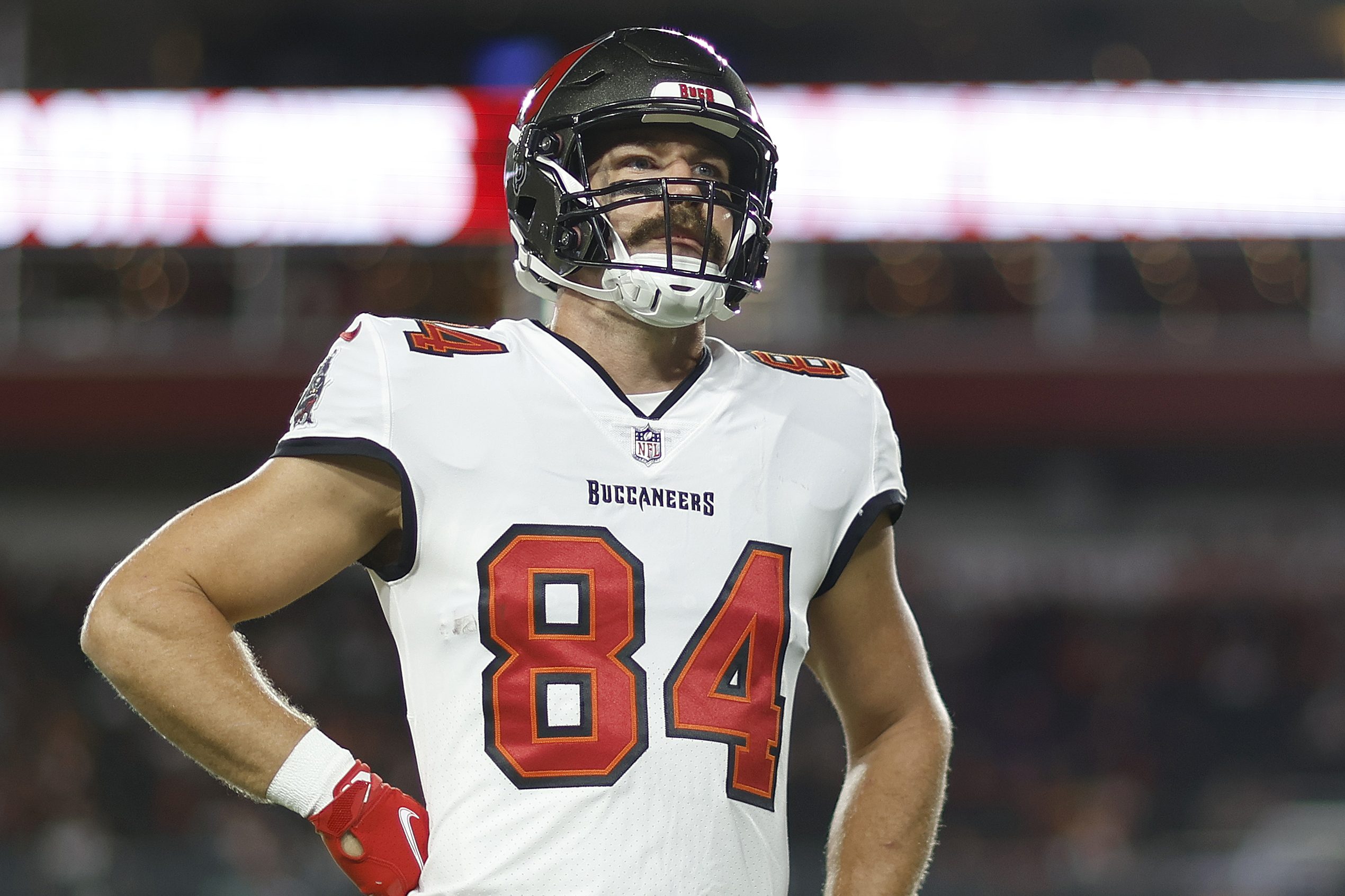 Cameron Brate of the Tampa Bay Buccaneers looks on before a game