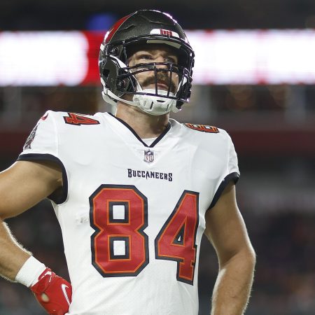 Cameron Brate of the Tampa Bay Buccaneers looks on before a game