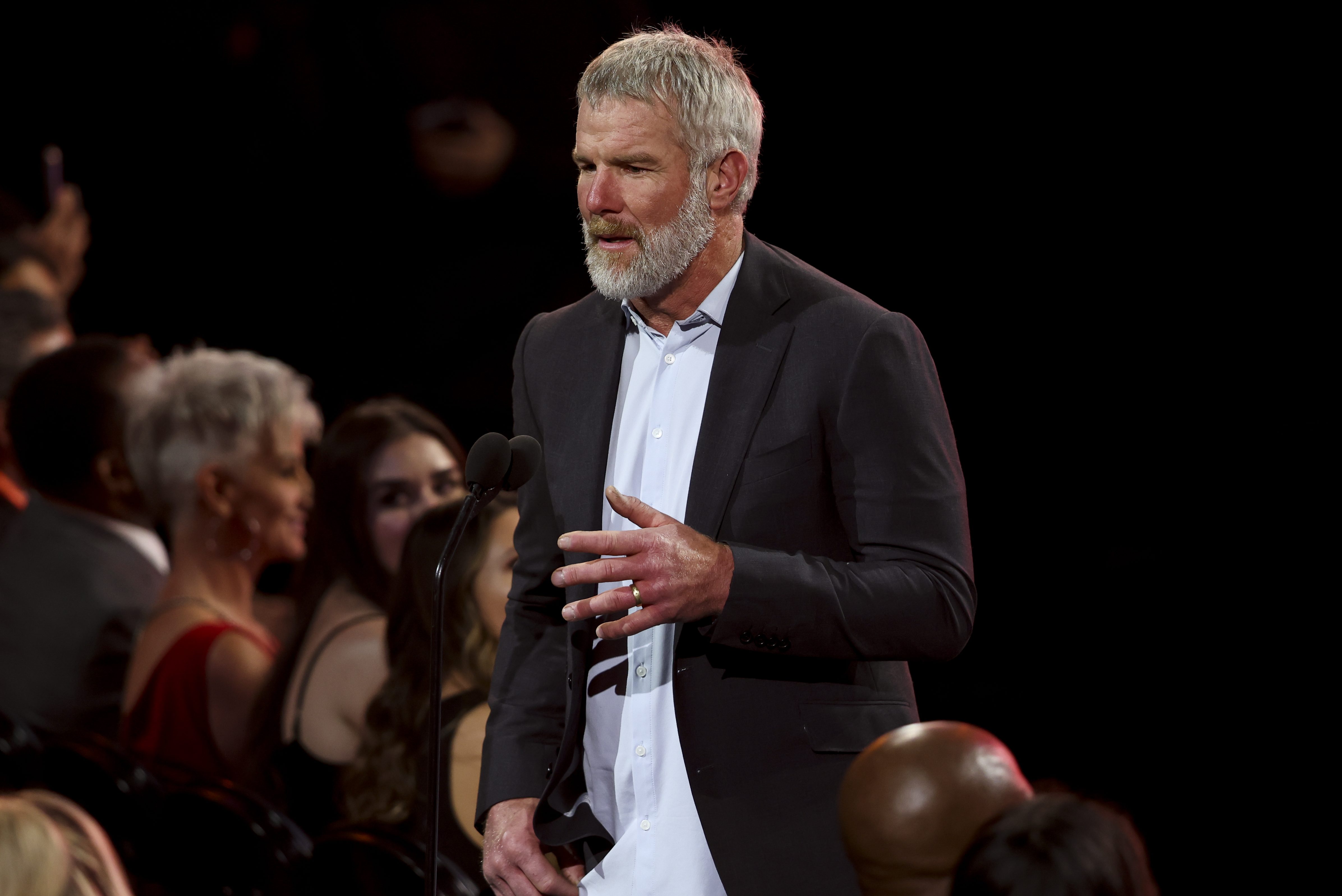 Brett Favre presents at the NFL Honors show in February of 2022. New allegations against Favre suggest welfare funds in Mississippi were used to aid in the creation of PreVPro.