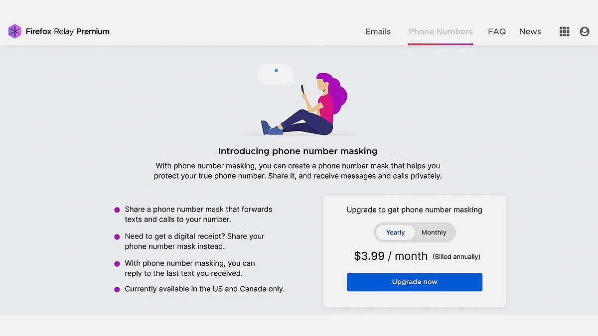 A screenshot of the new Firefox Relay phone number masking feature