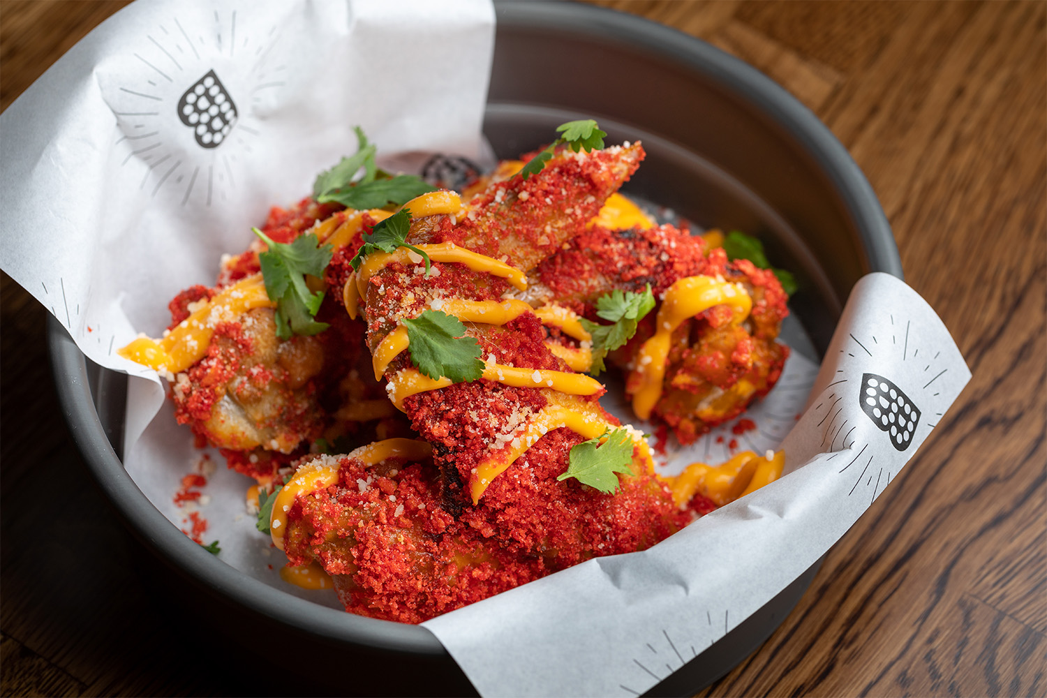 The Flamin' Hot Cheeto Wings from Brooklyn Ave. Pizza Co. in Boyle Heights Los Angeles. We got the recipe.