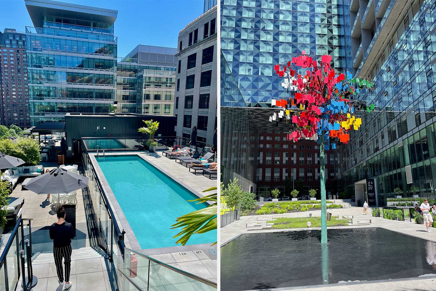 The Humaniti Hotel in Montreal, showing the pool and the "H Anima" sculpture from Marc Séguin