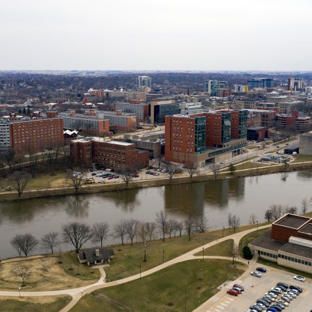 The college town of Iowas City is pictured here behind the Iowa River