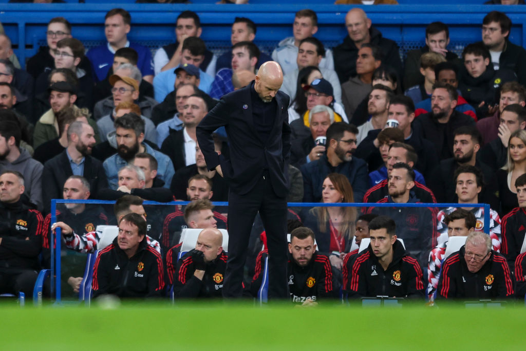 Head Coach Erik ten Hag of Manchester United during the Premier League match against Chelsea FC at Stamford Bridge during which homophobic chants were heard.