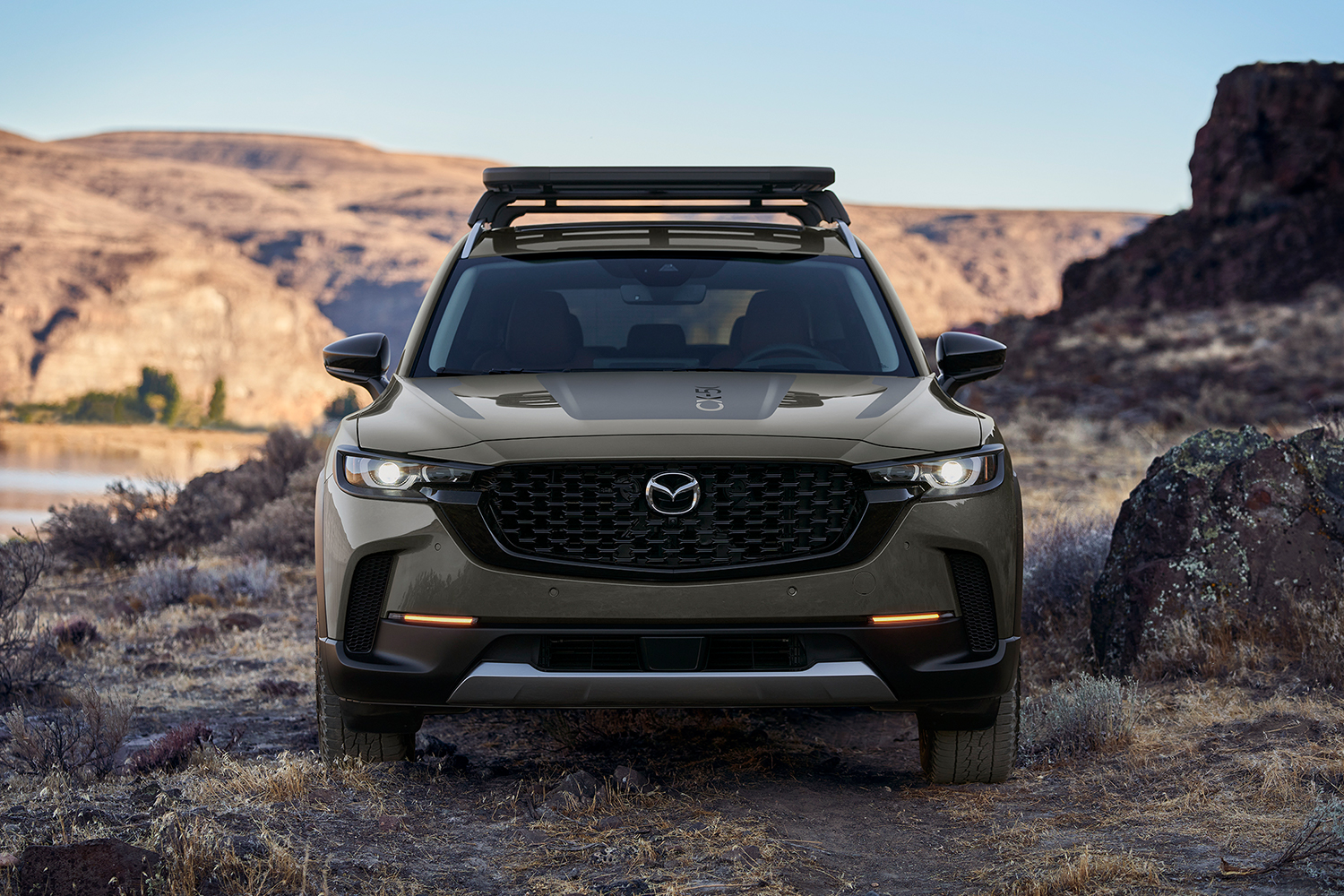 The front end of the new Mazda CX-50 SUV, a crossover that hopes to capitalize on the success of the CX-5