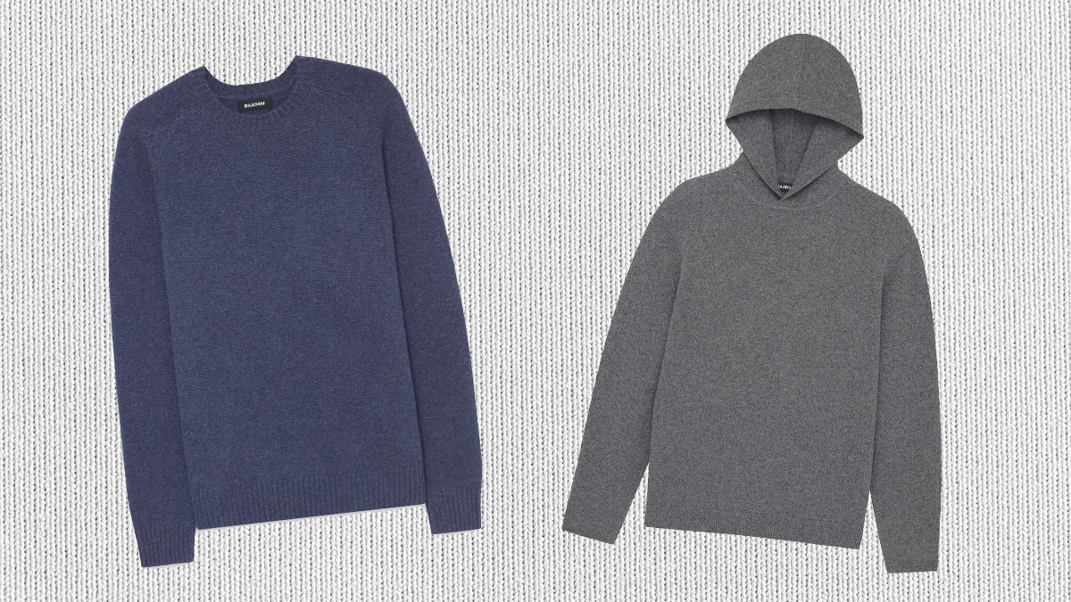 A recycled cashmere sweater and hoodie from Mongolian direct to consumer cashmere brand Naadam