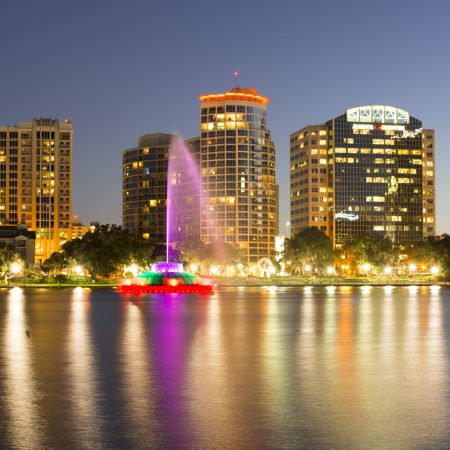 The Orlando skyline seen during twilight.