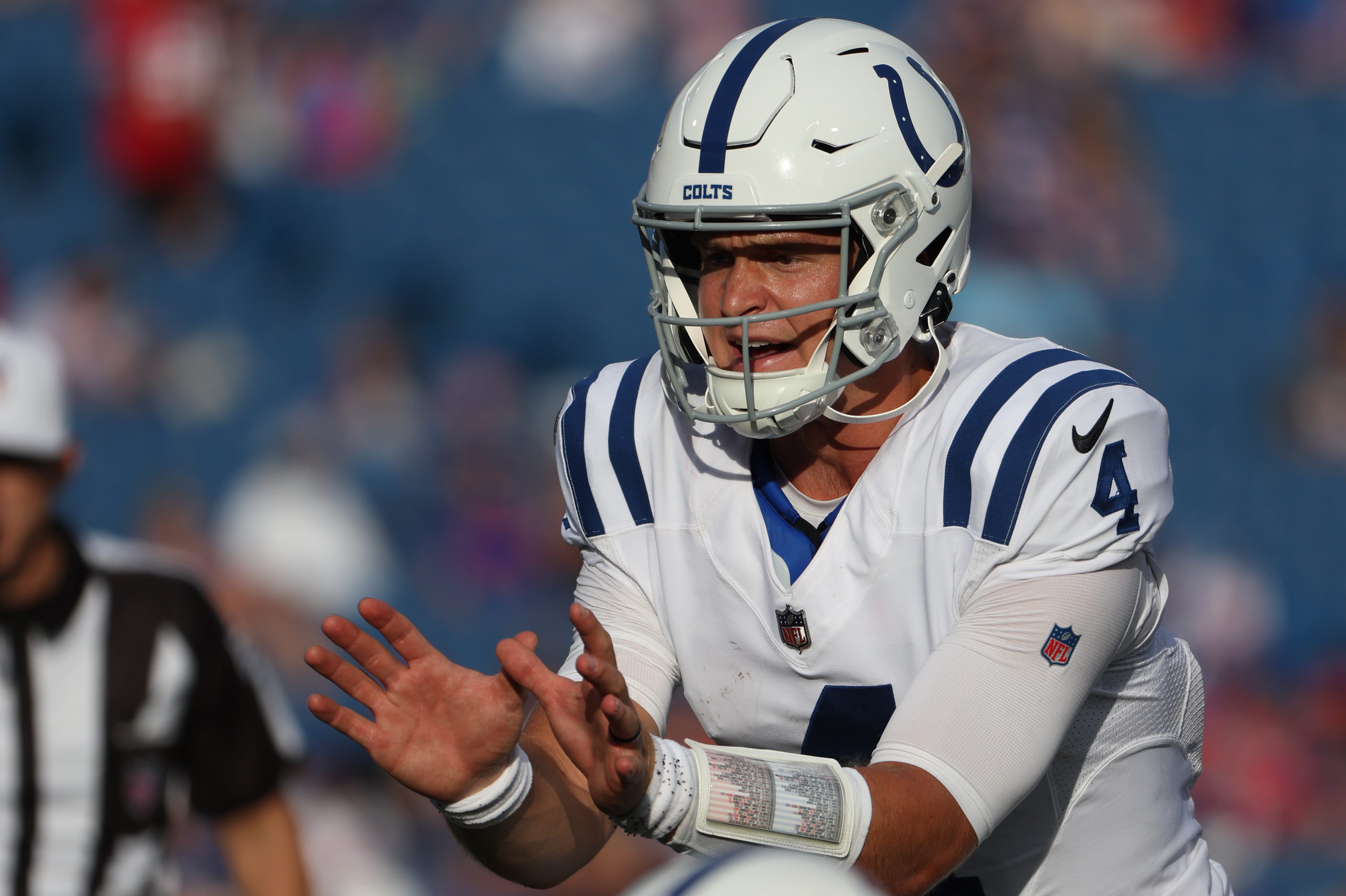 Sam Ehlinger of the Indianapolis Colts waits for a snap during the preseason.