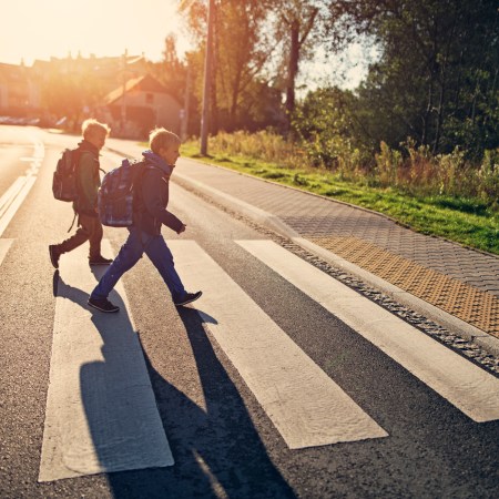 A pair of friends walking to school in a crosswalk