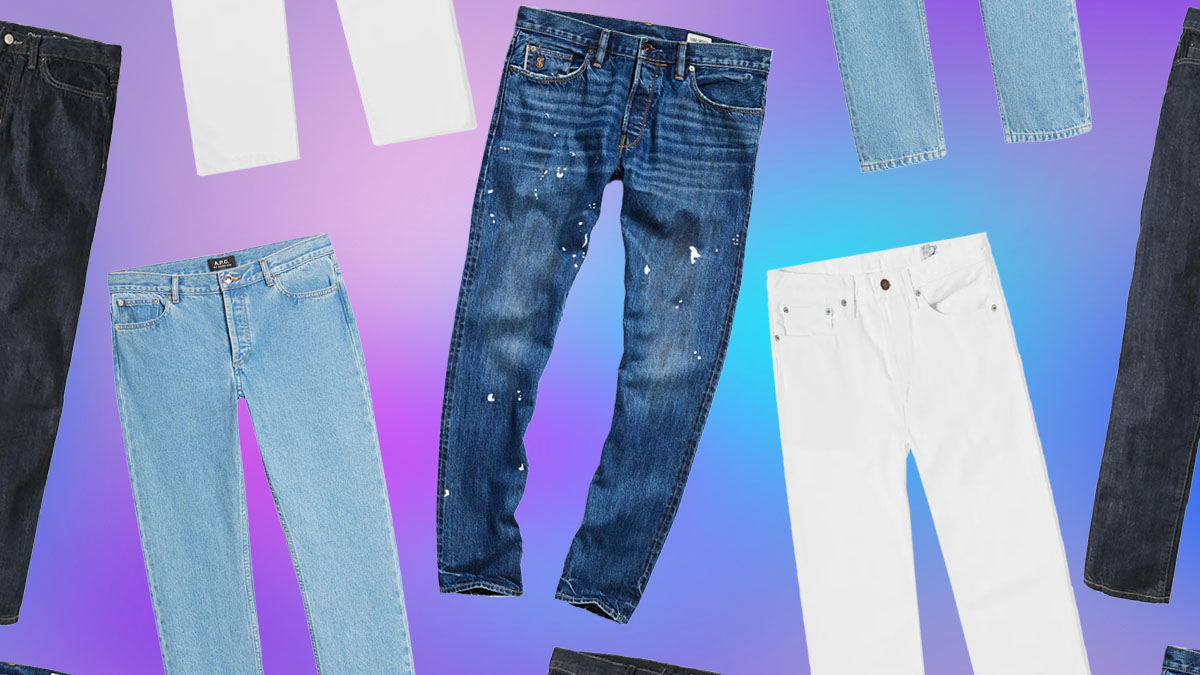 a collage of jeans on a blue gradient background