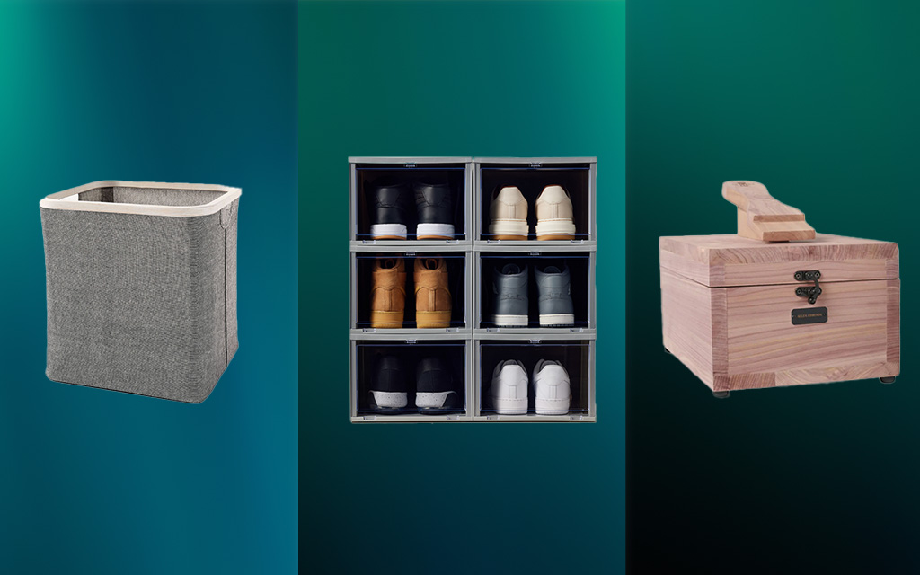 A shoe organizer, basket and shoe cleaner on a green and blue gradient background