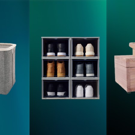 A shoe organizer, basket and shoe cleaner on a green and blue gradient background