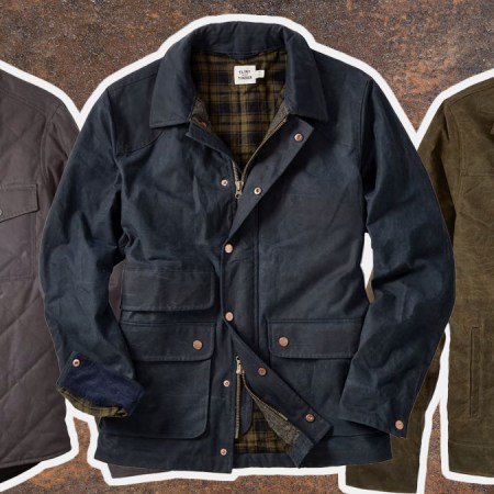 a collage of Flint and Tinder waxed jackets on a rugged background