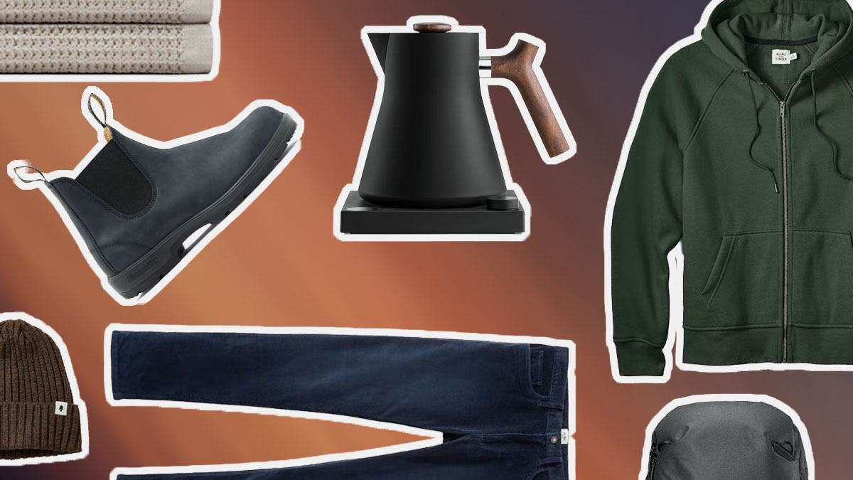 a collage of items from the Huckberry Cyber Monday Sale on a brown background