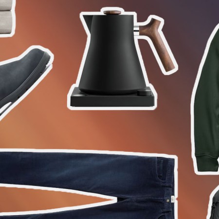 a collage of items from the Huckberry Cyber Monday Sale on a brown background