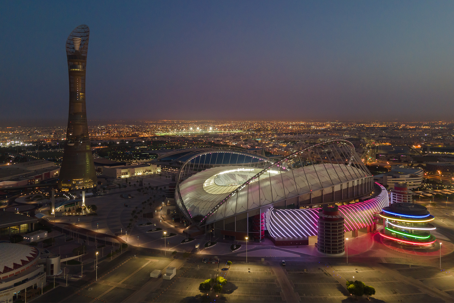 An aerial view of Khalifa International Stadium at sunrise on June 22, 2022 in Doha, Qatar, one of eight stadiums for the 2022 FIFA World Cup