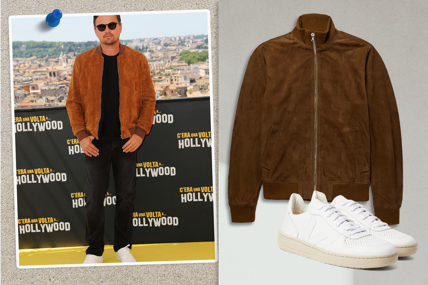 leonardo dicaprio in a suede bomber jacket