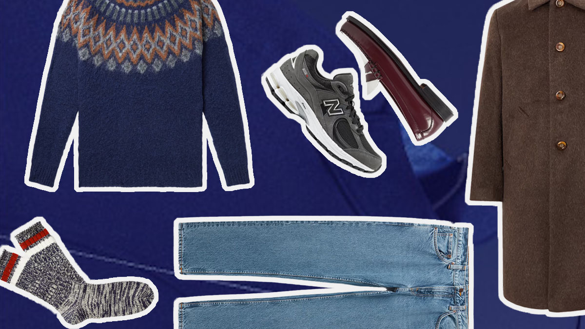 a collage of items from the Mr Porter Black Friday Sale on a blue patterned background