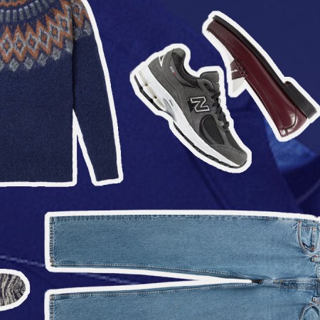 a collage of items from the Mr Porter Black Friday Sale on a blue patterned background