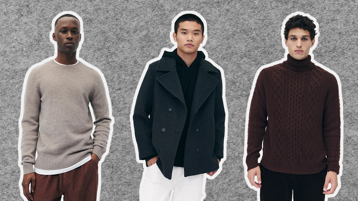 a collage of models wearing Naadam clothing on a felted grey background