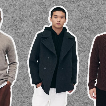 a collage of models wearing Naadam clothing on a felted grey background