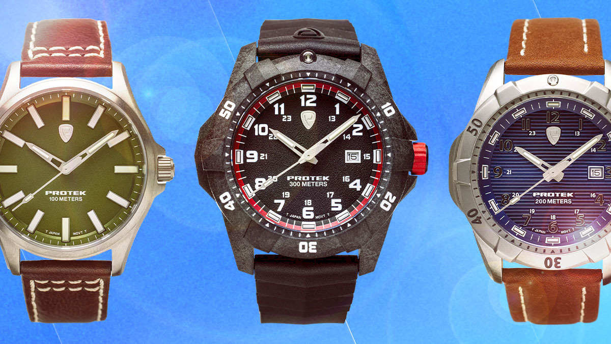 a collage of Protek watches on a blue background