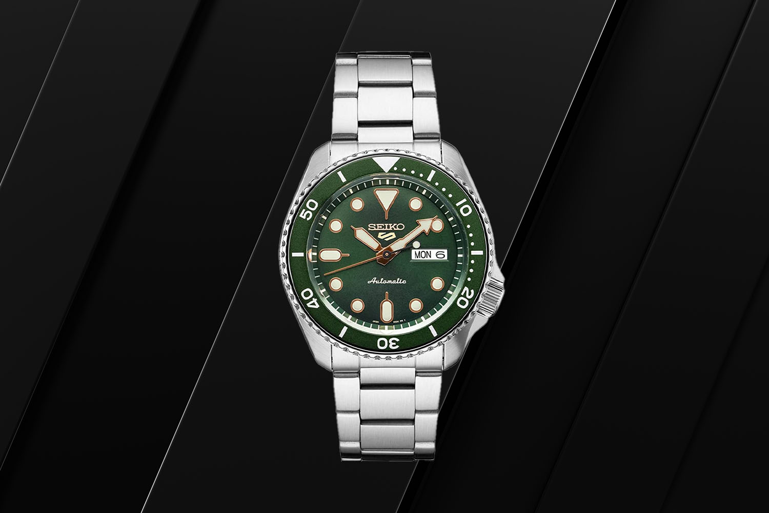 Seiko 5 Sports GMT on a black background