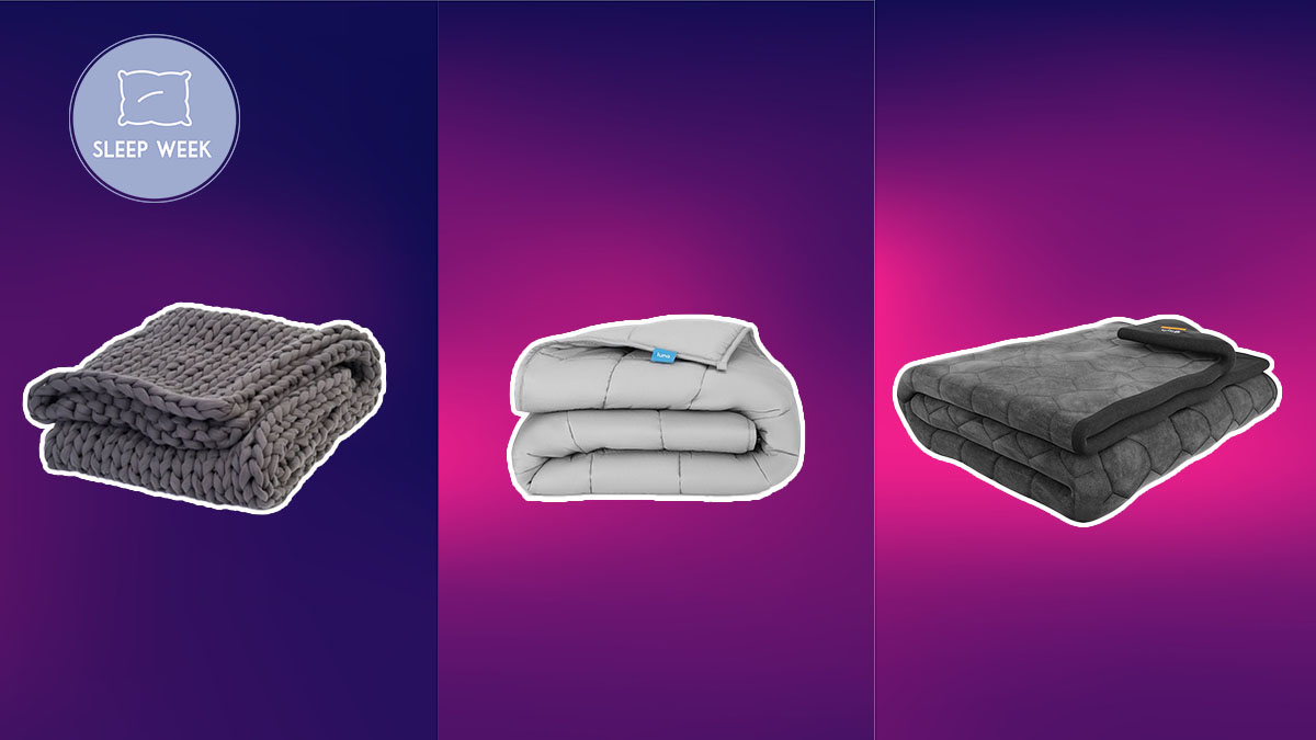 weighted blankets on a purple background