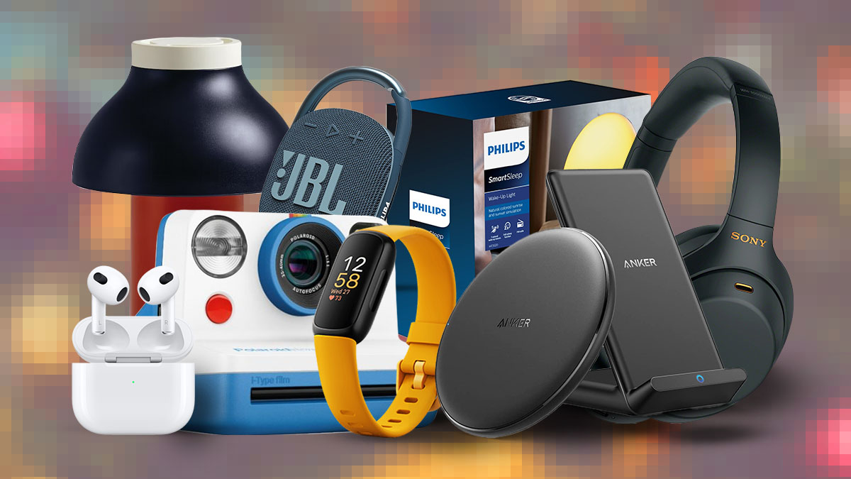 Tech gifts from JBL, Polaroid, Anker and Fitbit on a colored background